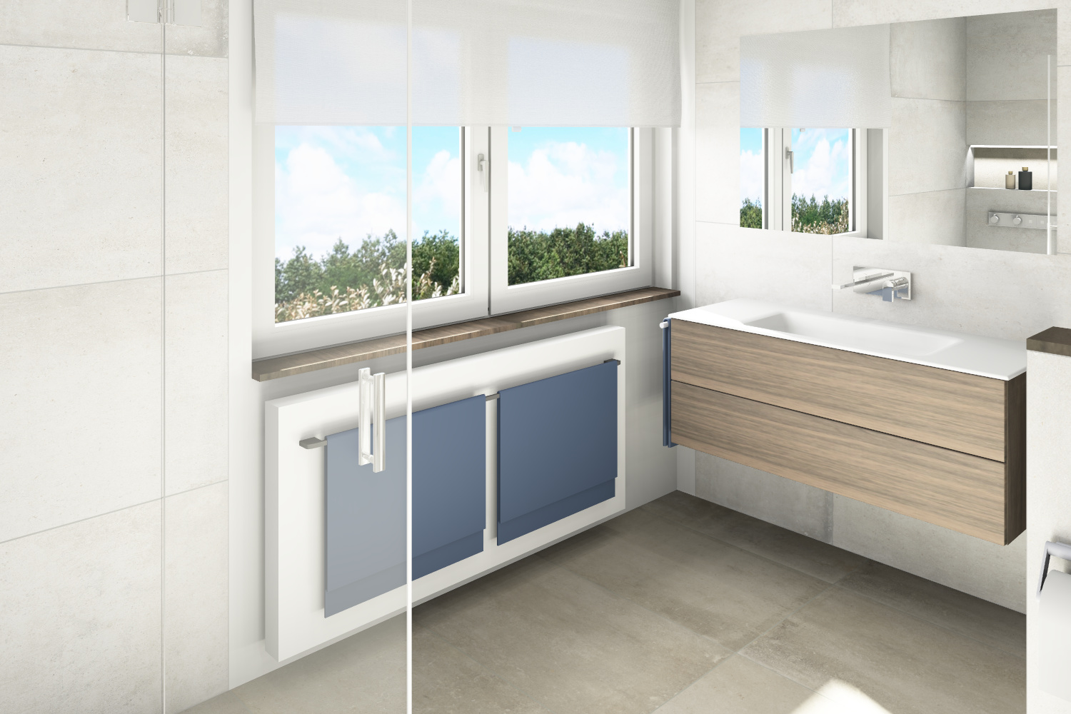 Entwurf Badezimme mit Einbau-Spiegelschrank, Mineralguß-Waschtischanlage. as.designconcepte