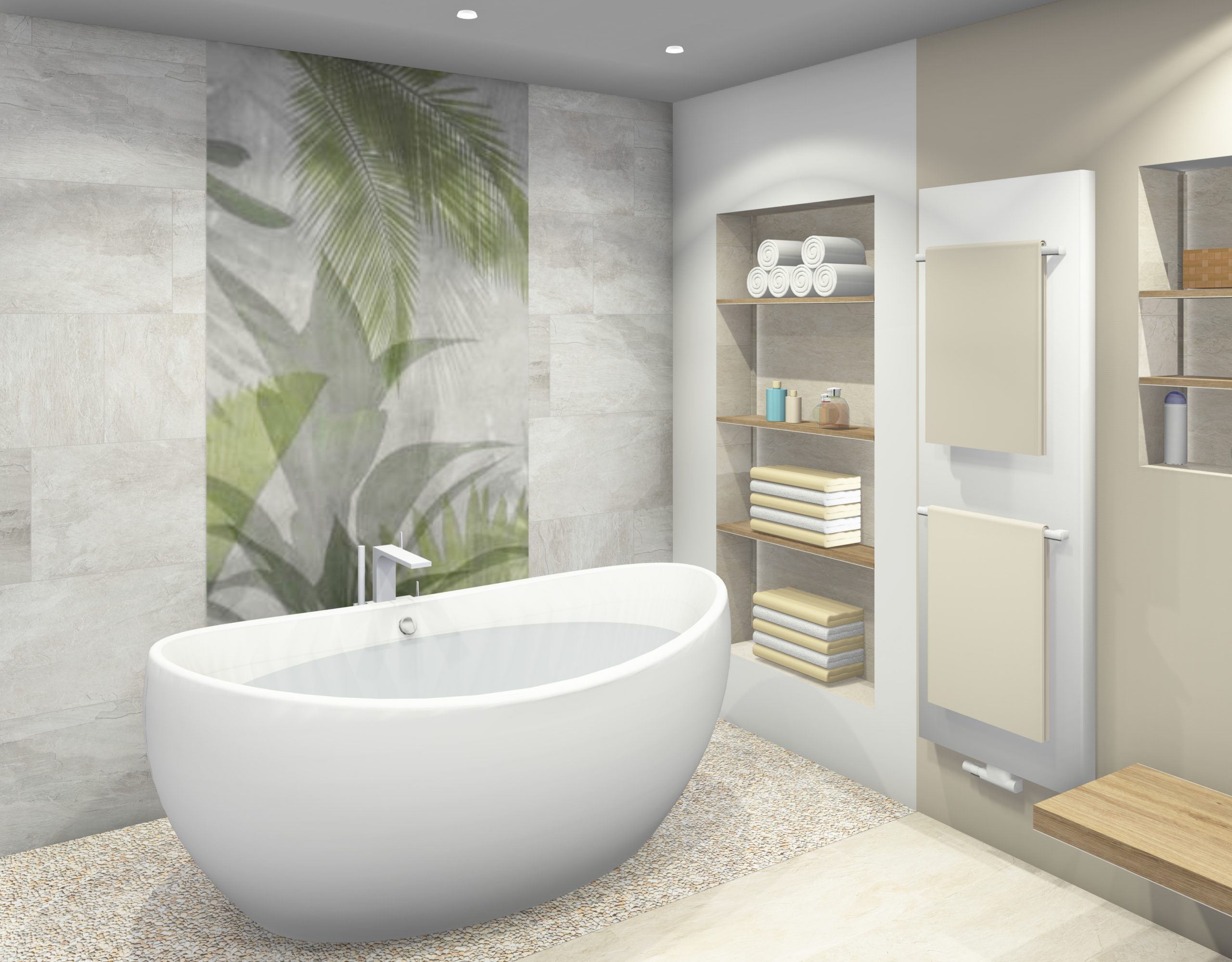 Wellnessbad zum Wohlfühlen, freistehende Badewanne mit Wallpaper, as.designconcepte