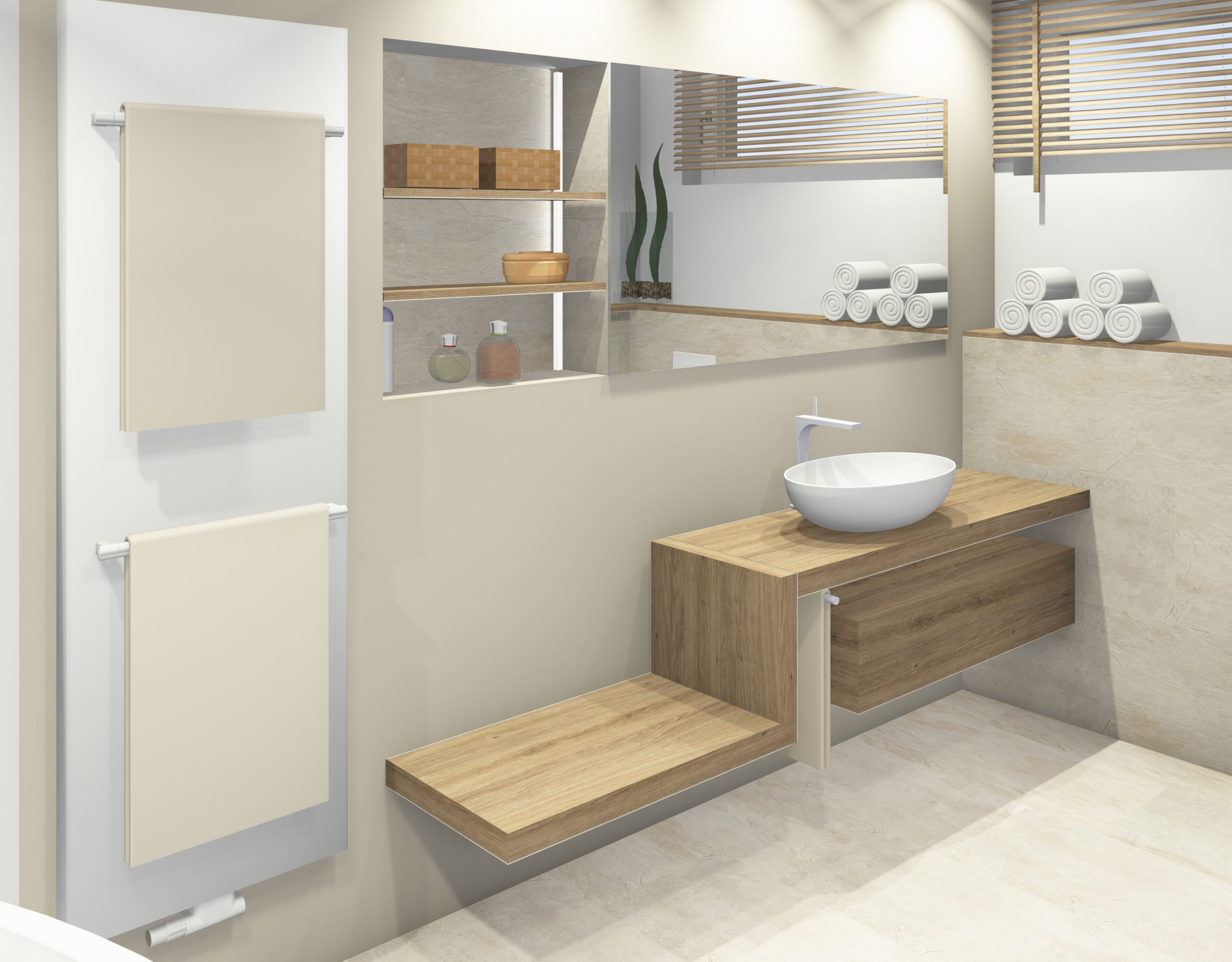 Waschtischanlage mit Sitz und Ablage, Einbauspiegelschrank, designconcepte